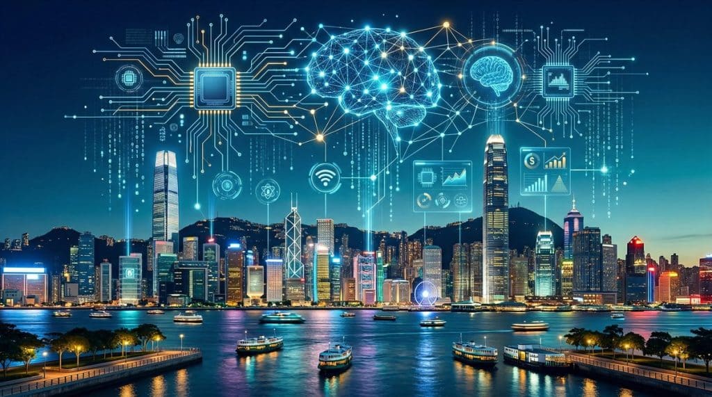 香港 AI 政策主題圖：維港天際線配合人工智能科技元素