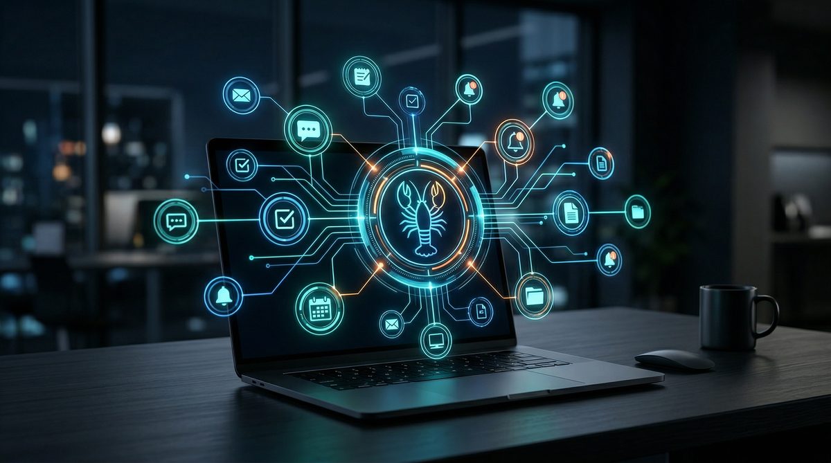 OpenClaw AI 自主助手概念圖 — 筆電連接多個通訊平台與工具