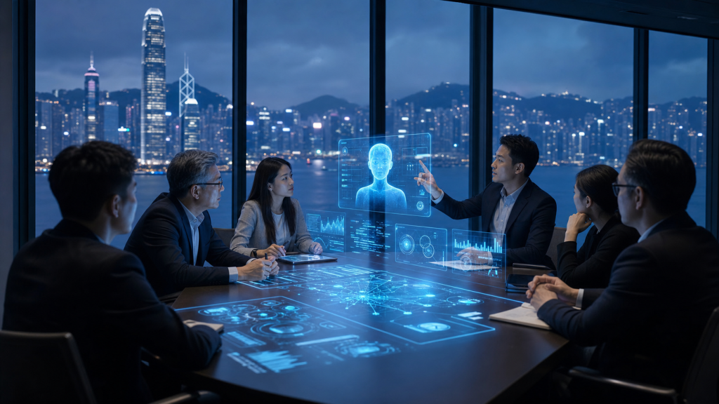 香港職場專業人士圍繞會議桌,透過 AI 全息介面進行 AI 培訓,背景為香港維港天際線