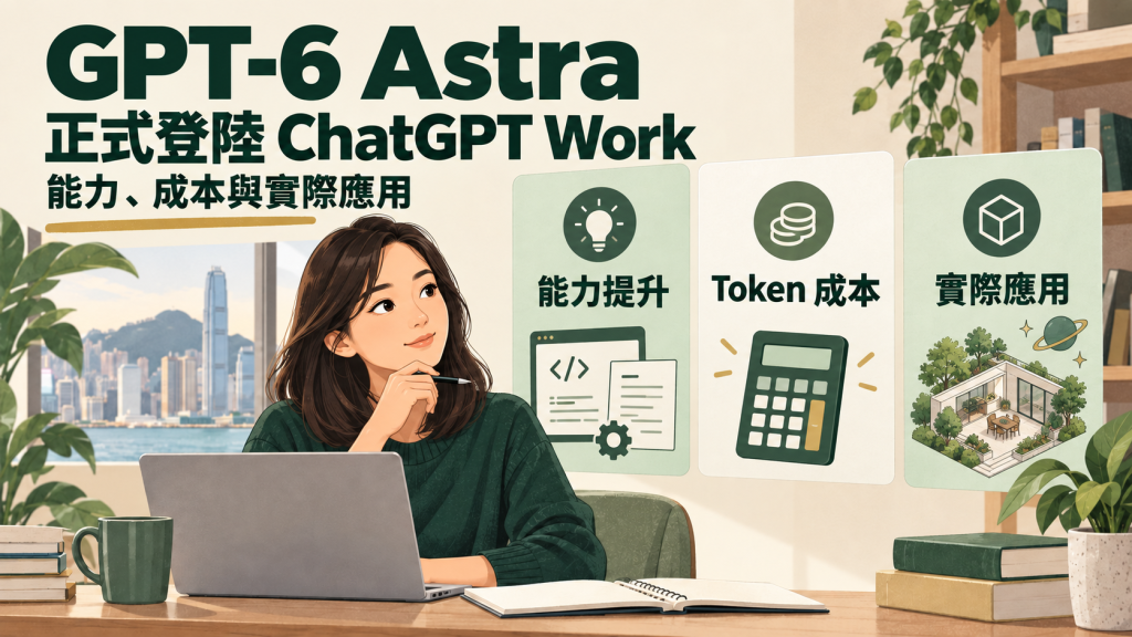 GPT-6 Astra 正式登陸 ChatGPT Work：象牙白底、深綠標題、柔和插畫人物，以及能力提升、Token 成本與實際應用三張主題卡。
