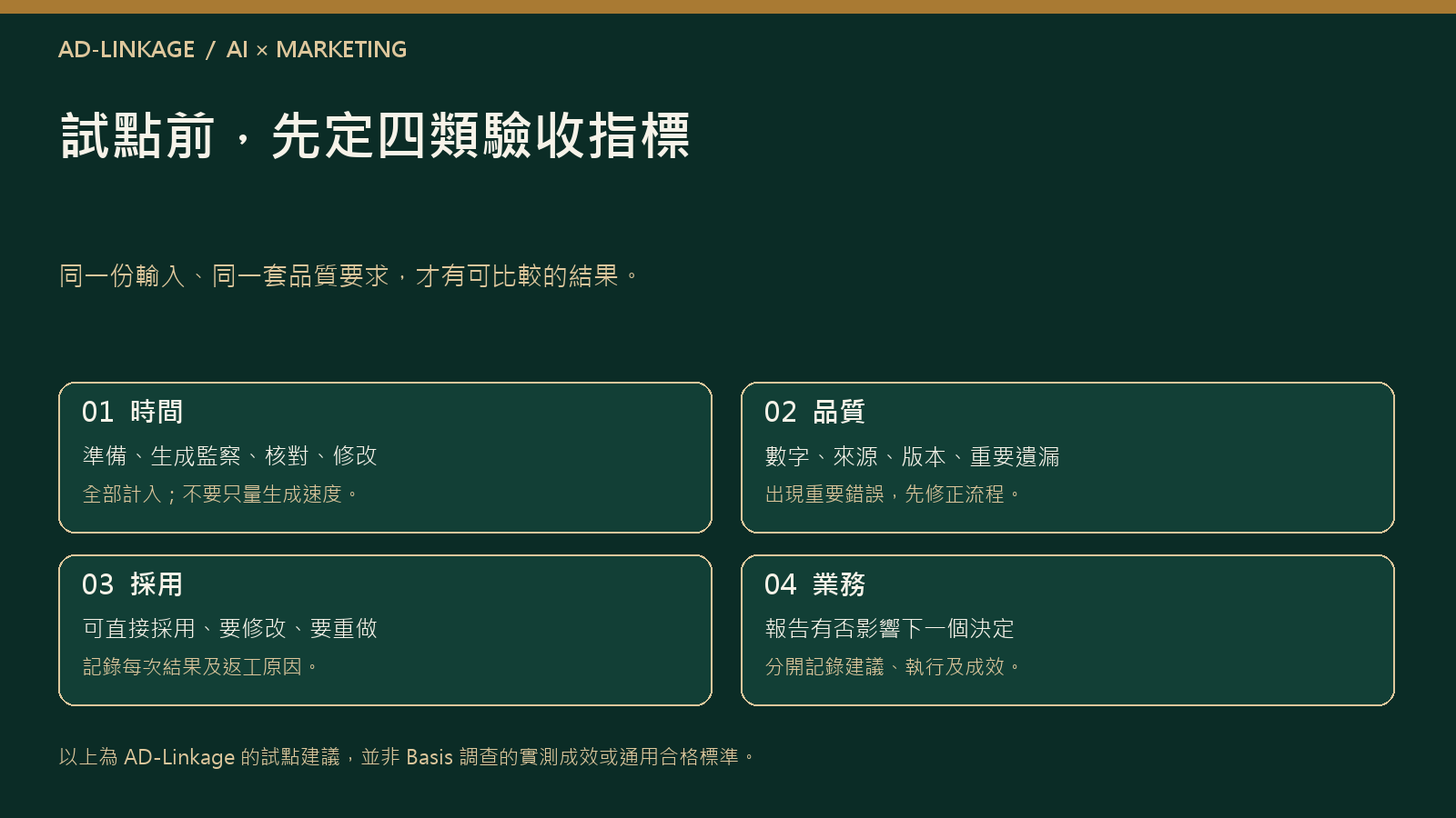 圖三:時間、品質、採用及業務四類驗收指標,是 AD-Linkage 的試點建議,並非調查的實測結果。