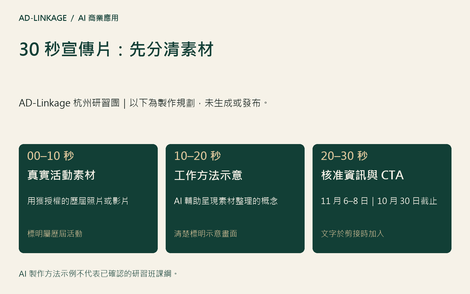 AD-Linkage 30 秒宣傳片規劃,分為真實活動素材、工作方法示意及核准資訊三段